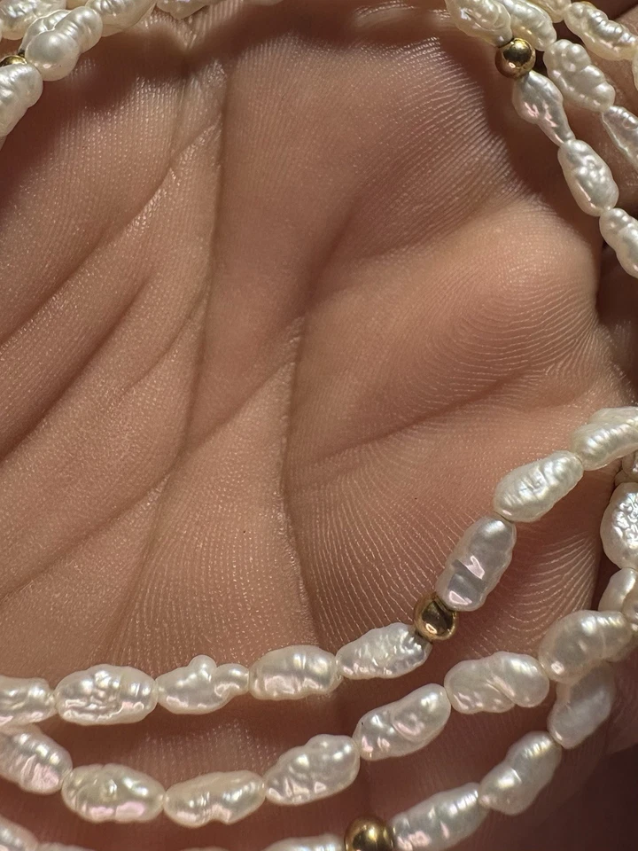 Pulsera vintage de oro amarillo de 14k perlas de arroz de agua dulce 3 hilos 7 1/2 7,2G IPS Foto 3 de 4