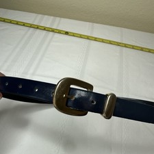 90s Dark Blue Genuine Leather USA Made Silver Brass Buckle Belt Size M/L