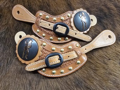 Spur Straps. Mens. Hand Made In The USA . Cowgirl With Six Shooter Side Concho
