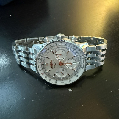 Breitling Navitimer Chronograph Date Silver Dial SS Bracelet Box & Papers.