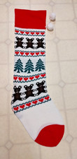 Vintage 38" Knitted Huge Red/Green Christmas Stocking Hearts Trees Bears Rare