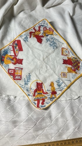 Vintage Handkerchief Children Cat Jump Rope Baby Carriage Bed Dish Hankie Adorab