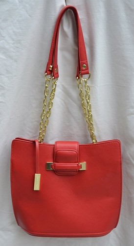 IVANKA TRUMP AUTH Women's Red Leather Bucket Gold Chain Handles Tote Handbag - Picture 12 of 12