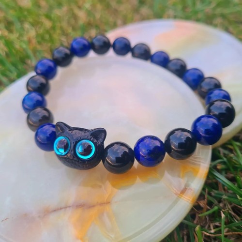 Süße Augen Katze Heilarmband mit natürlich gefärbtem Lapislazuli & glänzendem Obsidian, - Bild 2 von 5