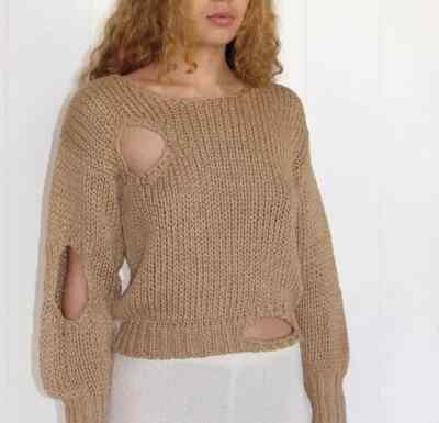 New Paloma Wool Renzo Sweater Thick Knit Cut Out 100% organic Cotton Sand Sz L