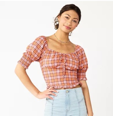 KOHL'S Juniors' SO Cropped Tie-Front Puff SLEEVE PAPAYA SODA PLAID Top SIZE  XS