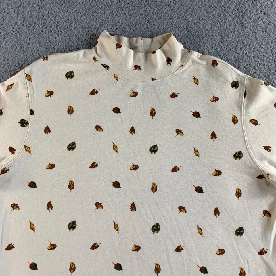 Vintage Falls Creek T Shirt Womens Large Beige Long Sleeve Mock Neck Top Leaves - Image 4 of 4