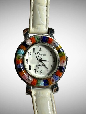 Venice‎ Art & Glass Millefiori Floral Bezel Watch Black Croc Strap Stainless Glass of venice watch - Gem main image 2