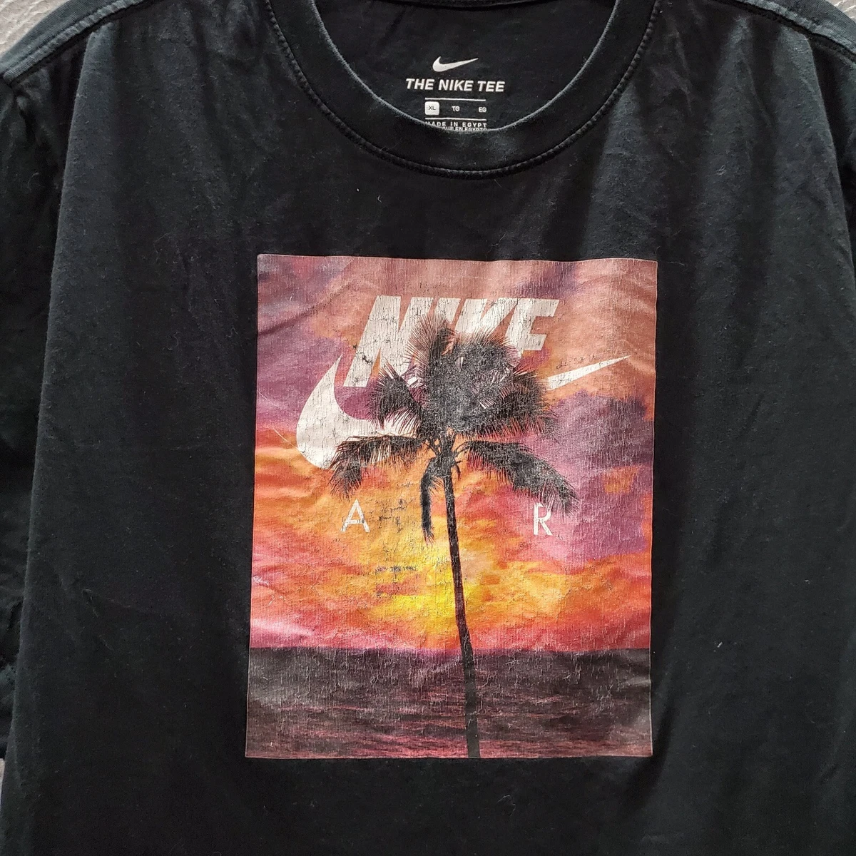 Nike Men T-Shirt XL Black Logo Air Sunset Palm Tree Graphic Short Sleeve Tee