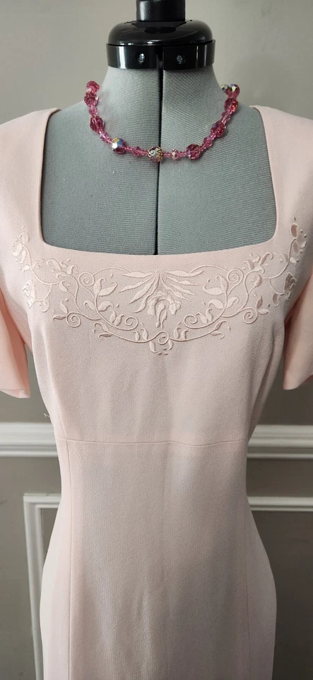 Vestido vaquero Liz Claiborne 1993 rosa claro bordado corpiño hasta el tobillo talla 8 Foto 2 de 4