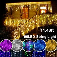 11.48ft 96 LED Hanging Icicle Curtain Lights Outdoor Garden Xmas String Lamp US