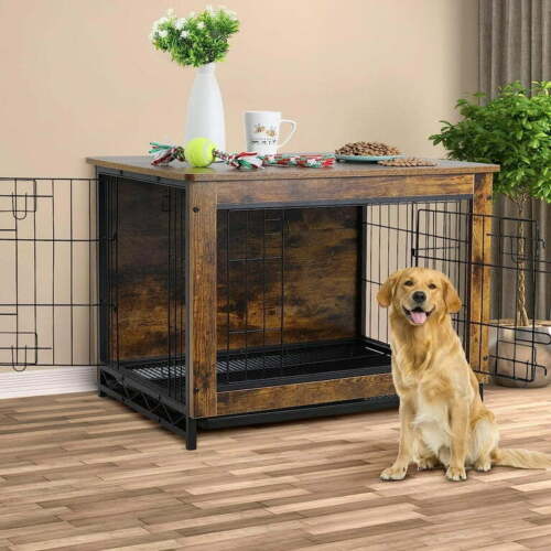 Dog Crate Furniture End Table Wooden Dog Cage Dog Kennel Indoor W/ Tray & Doors - Picture 25 of 25
