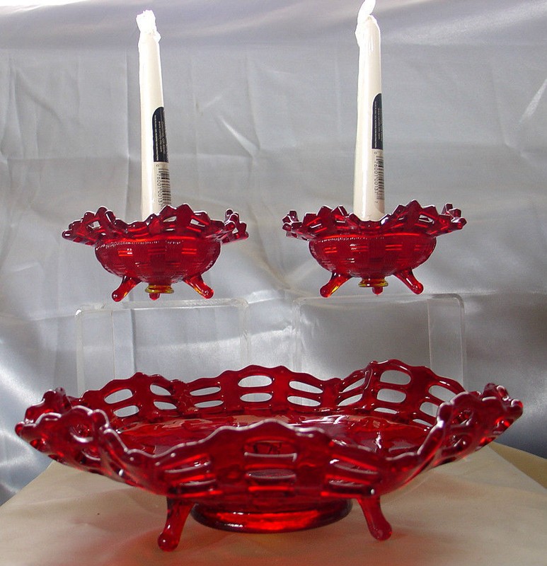 FENTON"MINT~20's"RUBY RED"BASKET WEAVE"3pc"CONSOLE SET"BOWL&STICKS~VINTAGE GLASS