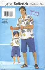 Uncut Butterick Sewing Pattern  3100 Men's Boys' Shirt Shorts Hat Sizes: XS-XL