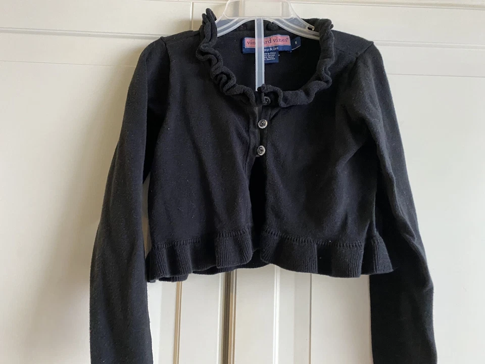 Vineyard Vines Vestido Recortado Suéter Niñas 5 Negro Volantes Cárdigan Botón Foto 3 de 4