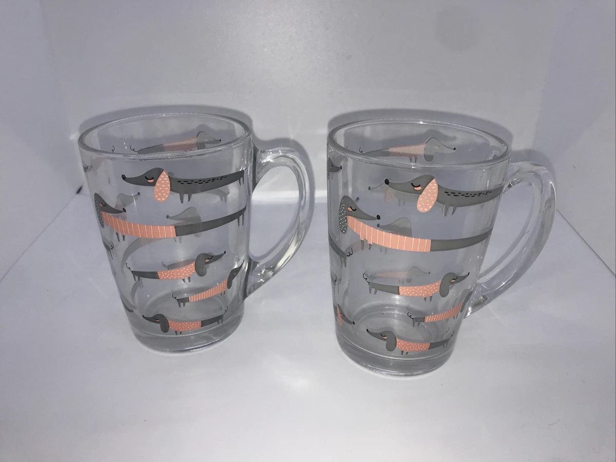 2 ASDA GLASS SAUSAGE DOG DACHSHUND MUG MUGS PINK NEW