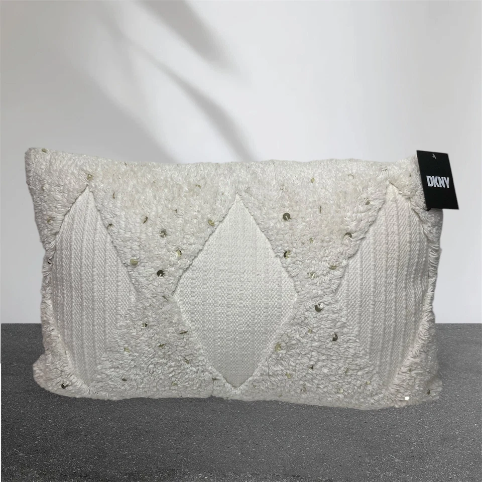DKNY Boho Tufted Sequin Lumbar Throw Pillow Ivory Geometric 22x15 NWT - Image 3 of 4