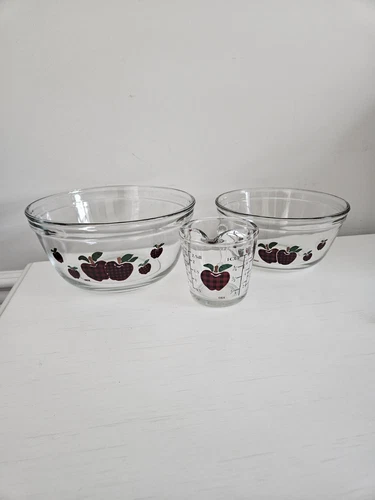 VTG 90s Anchor Hocking Applejack 3 Piece Mix & Measure Set In Box 2 Bowls 1 Cup