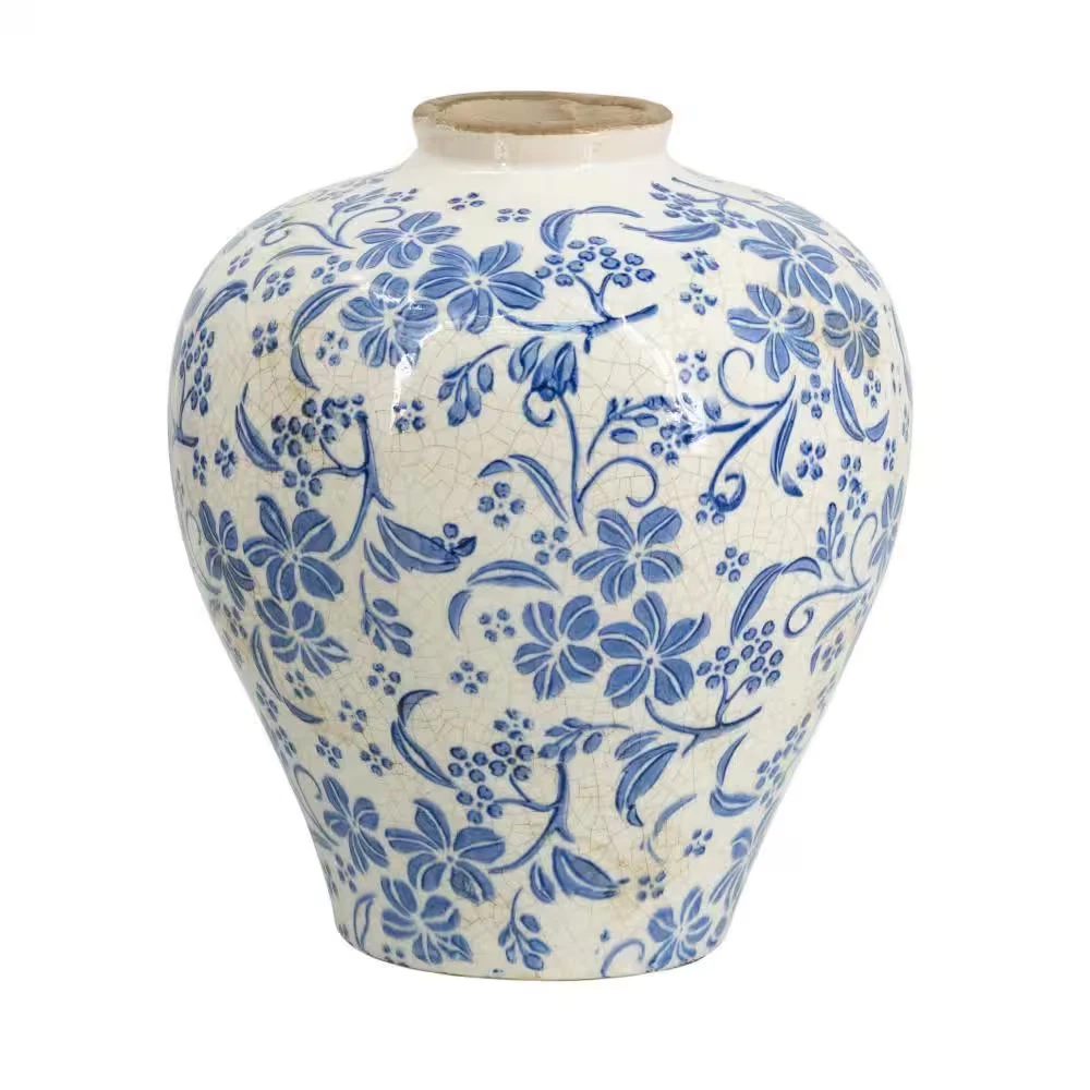 9 In. White Ceramic round Decorative Vase 1-Piece with Distressed White Finish,