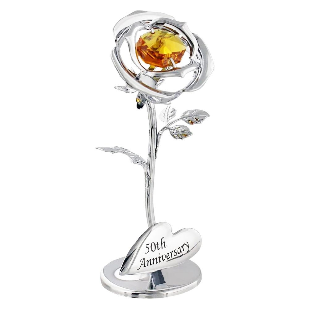 Modern ""50th Anniversary"" Silver Plated Flower with Gold Swarovski Crystal Gl...