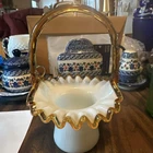 Fenton Gold Crest Basket Milk & Amber Glass Art Crimped Edge 7”tall