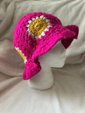 Handmade crochet pink flower granny square bucket hat ruffle