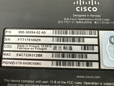 Cisco Telepresence Sx20 Codec CTS-SX20CODEC 800-36554-02 Power Supply Remote Mic