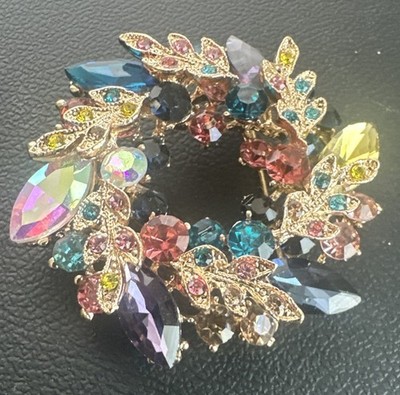 Easter Spring Crystal Rhinestone Flower Wreath Brooch Pin Gold Accent Multi