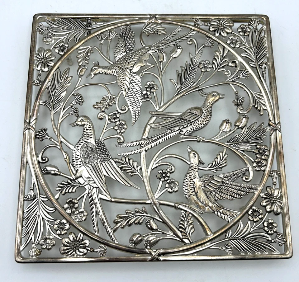 "Trivet de colección Godinger faisán y floral estilo Art Nouveau cuadrado tono plata 9""" Foto 2 de 4