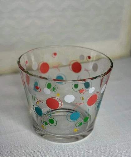 Vintage Federal Glass Ice Bucket Atomic Dots MCM 4.75”H & 5.75” Across 🧡🩵💚💛