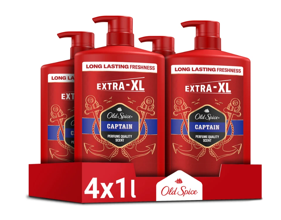 Old Spice Captain Shower Gel & Shampoo For Men 1000 Ml, 3-In-1 Body Hair x 4