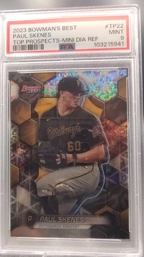 2023 BOWMAN'S BEST TOP PROSPECT MINI DIAMOND REFRACTOR PAUL SKENES RC /299 PSA 9