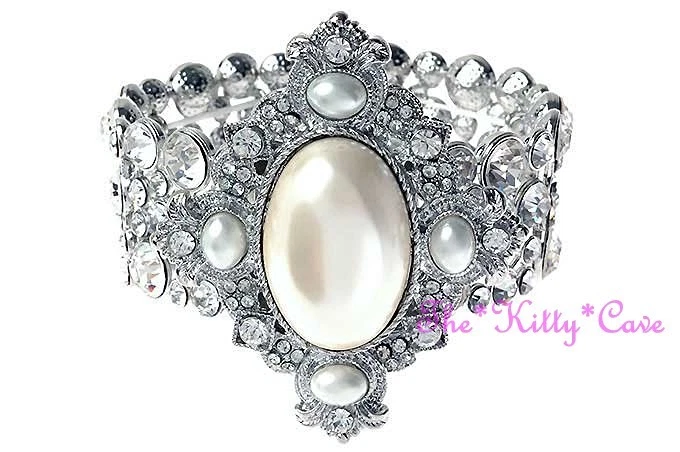 Brazalete Vintage Deco Nupcial Ancho Plata Perla Característica con Cristales de Swarovski Foto 2 de 2