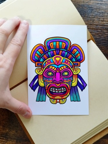Ritual Maske Zeichnung ungerahmt handkoloriert Ethno Maske - Bild 2 von 4