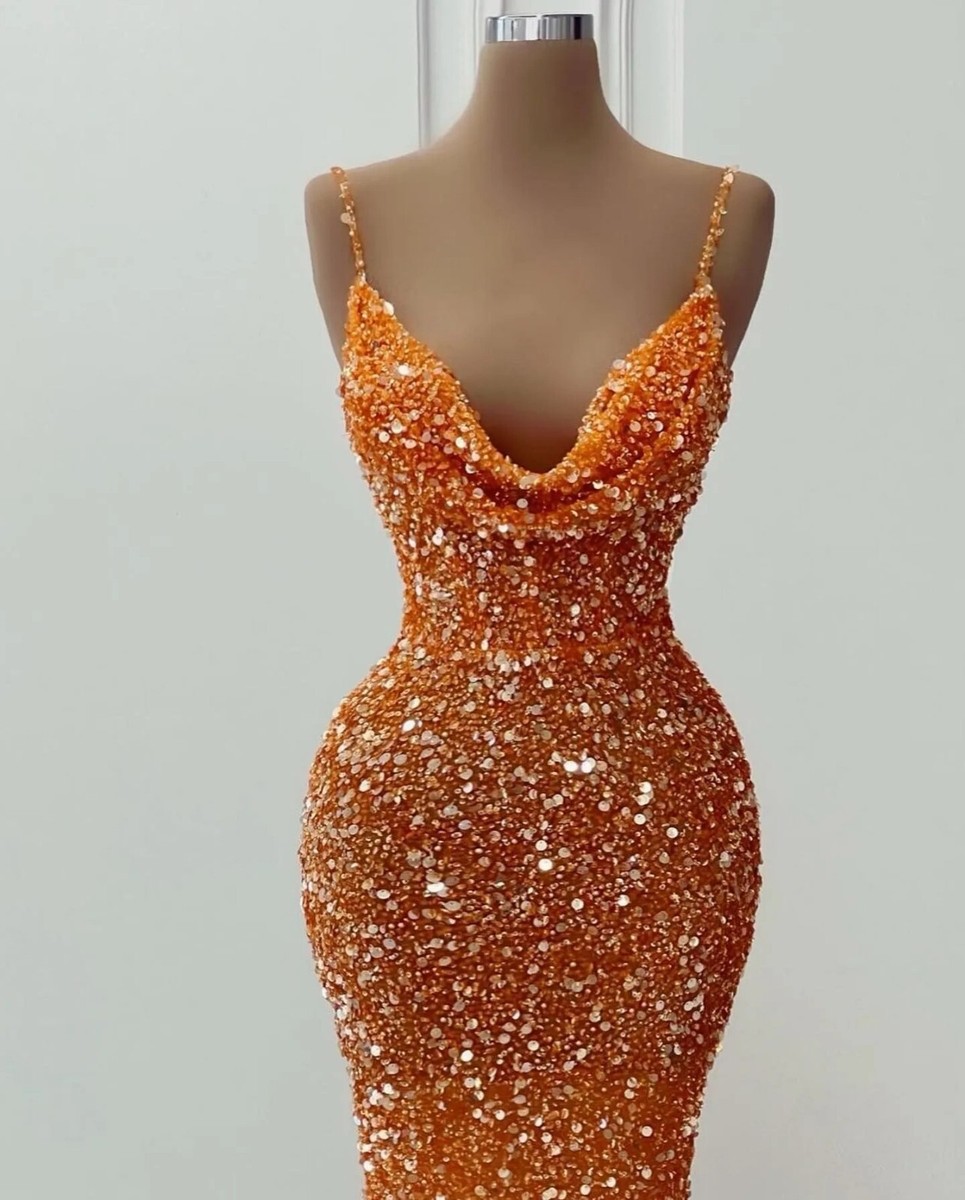 orange dress glitter Orange Sleeveless Beaded Sequin Feathers Prom Dresses