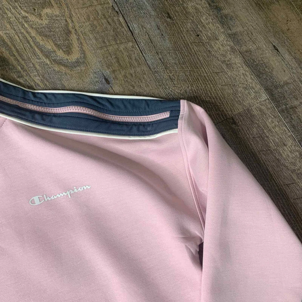 Champion Mujer Sudadera Talla Mediana Rosa Pullover Cuello Simulado Bolsillos Atlética Foto 3 de 4