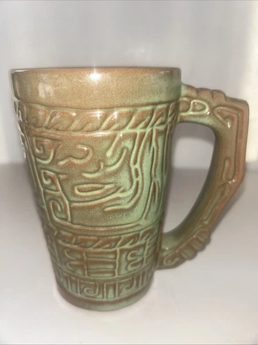 Vintage Frankoma Pottery Mayan Aztec 7M Coffee Mugs Prairie Green EUC