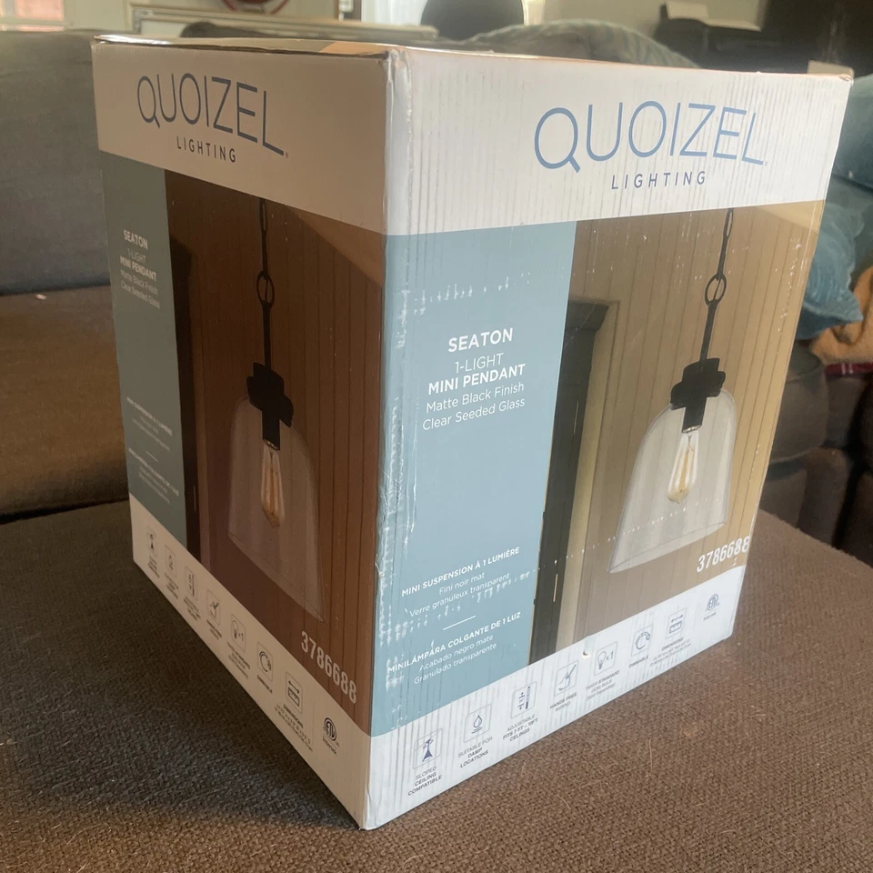 Lámpara Colgante Quoizel Lighting Seaton 1 Luz, Negro Mate, Vidrio Semillado Transparente  Foto 3 de 4