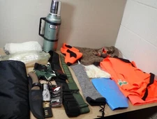 Vintage Hunting Lot Thermos Hats Vest Knife Toiletries Ammo Belts Muff Bandana