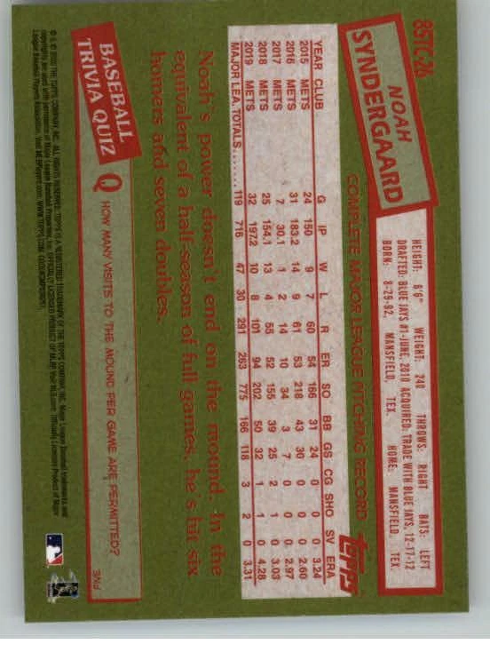 2020 Topps '85 Topps Silver  #85TC26 Noah Syndergaard (ref 129982) - Image 2 of 2