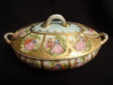 Antique Painted Oval Bowl with Lid Couples Scene 