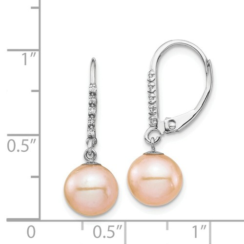 14k 14kt White Gold 8-9mm Pink FWC Pearl .05ct Diamond Leverback Earrings - Picture 3 of 3