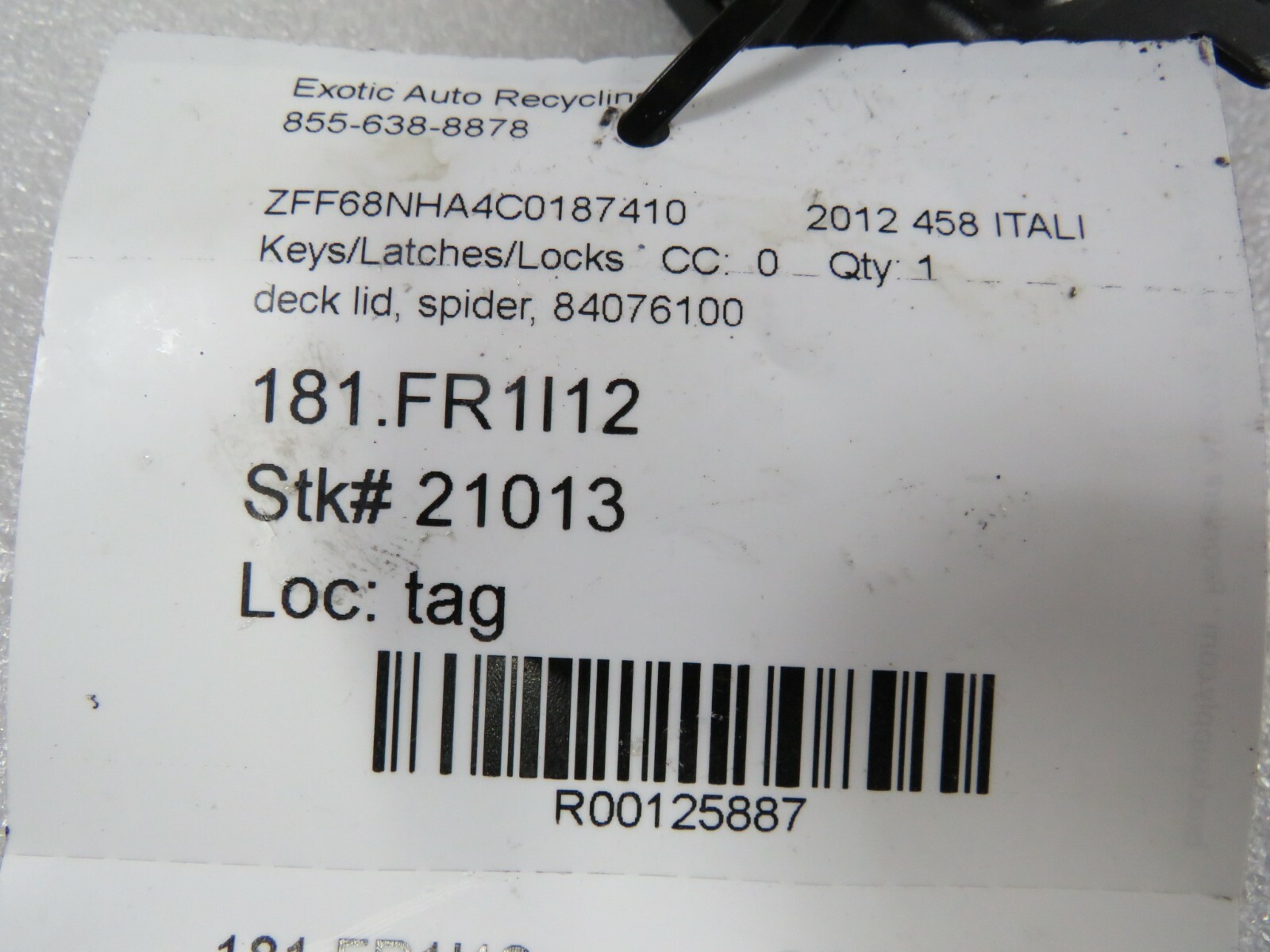 Ferrari 458 Italia Spider, 488, Deck Lid Latch, Used, P/N 84076100