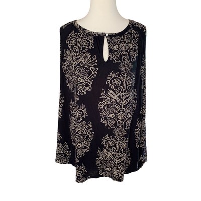 Lucky Brand Women 2X Black/Taupe Tribal Block Print Tunic Key Hole Raglan Sleeve