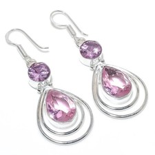 Pink Kunzite Gemstone Handmade 925 Sterling Silver Jewelry Earring Sz 2.10"