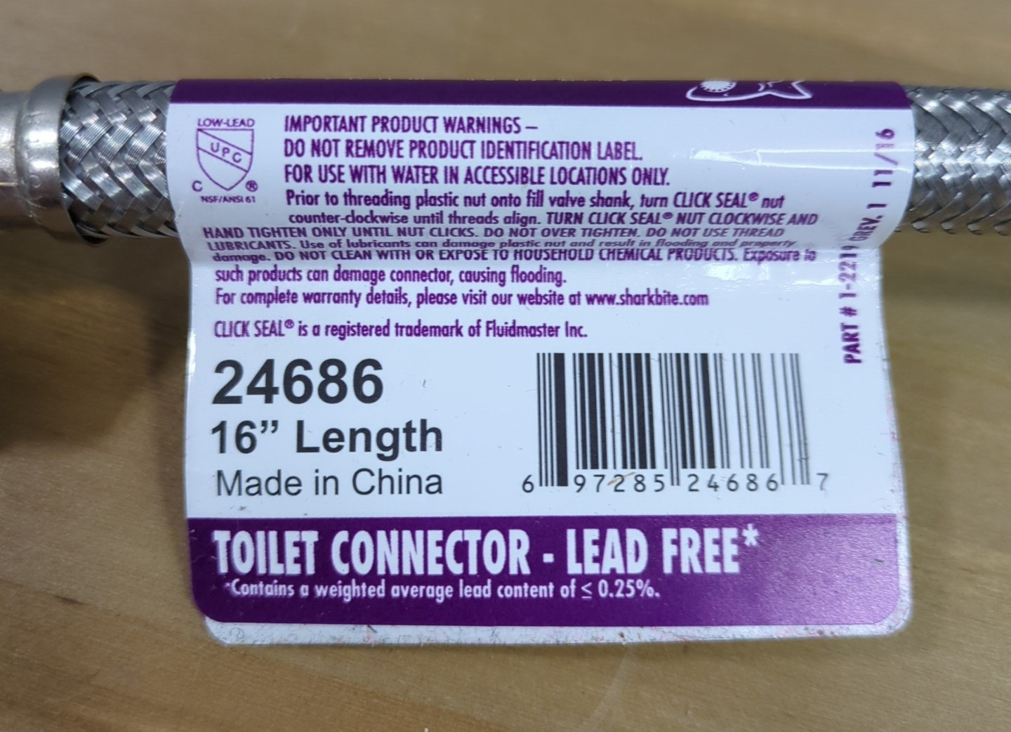 Sharkbite 1/2 X 7/8 X 16In Brass Click Seal Toilet Connector Y1/Y2