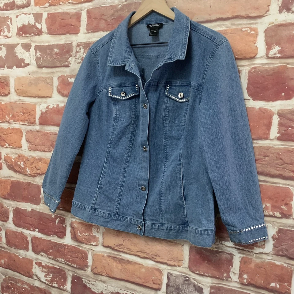 Chaqueta Ashro Vintage Mujer 18W Azul Denim Jean Plateado Tachonado Botón Frontal Foto 3 de 4