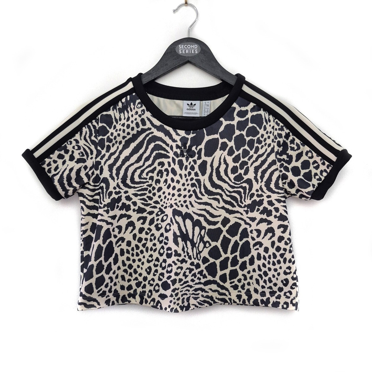 Adidas Originals Crop tshirt UK8 womans animal print cream and black
