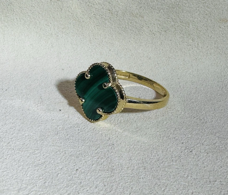 Anillo Flor Malaquita Natural Oro Amarillo 14K Sólido Talla 7.25 Foto 2 de 4