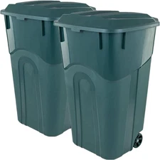 32 Gal Wheeled Outdoor Garbage Can w/ Attached Snap Lock Lid Heavy-Duty 2 PACK